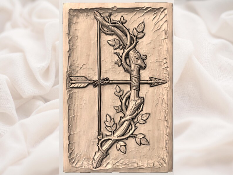 May include: A rectangular, bronze-colored relief carving of a bow and arrow. The bow is crafted to resemble a tree branch, adorned with leaves and vines. The arrow is positioned across the bow, with detailed fletching and a decorative knot.