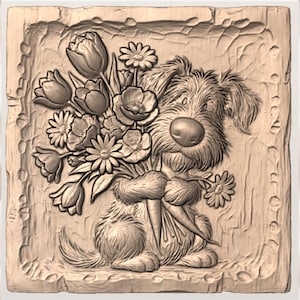 Cute Dog with Flowers Relief STL view 3