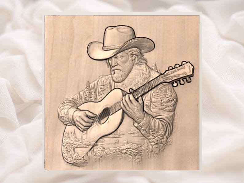 May include: A detailed wood carving depicts a man in a cowboy hat playing an acoustic guitar. The carving features intricate details of the man's face, clothing, and the guitar, with a landscape scene carved into the background.