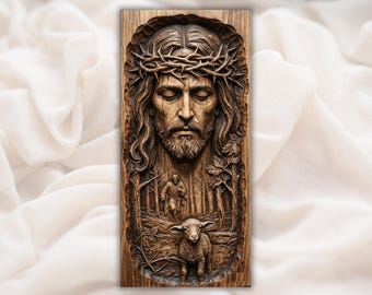Jesus Crown of Thorns Relief STL | CNC Router 3D Carving Model | Christ the Shepherd Lamb Wood Grain Bas Relief Panel | Christian Wall Art