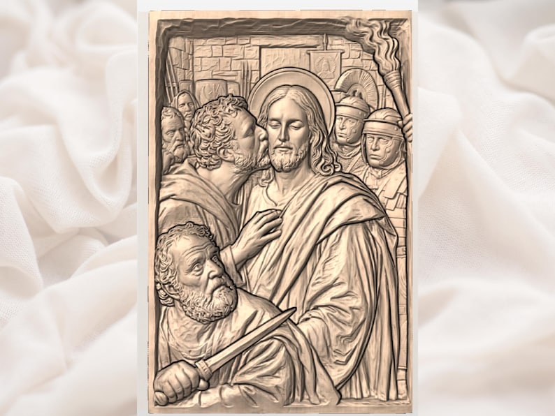 May include: A detailed relief carving depicting a biblical scene. The artwork features figures in classical attire, including a central figure with a halo, being kissed by another. Soldiers with helmets and a man holding a torch are in the background.
