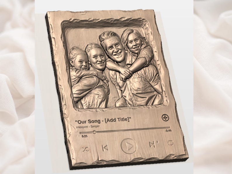 May include: A wooden plaque with a carved family portrait. The plaque features a family of four, with the text "Our Song - [Add Title]" and music player controls. The plaque is rectangular with a rough, textured border.