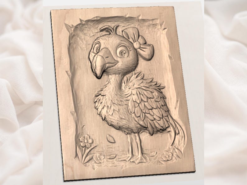 May include: A wooden relief carving of a cartoon bird with a large bow on its head. The bird has large eyes and detailed feathering. The carving is set against a background with stylized trees and flowers.
