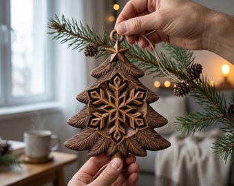 Snowflake Star Christmas Tree Ornament CNC Relief STL | Winter Holiday Wood Carving Design | Rustic Pine Tree Festive Decor