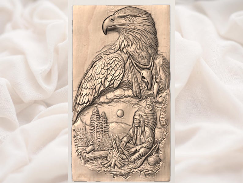 Bald Eagle Native American STL | Campfire Relief CNC File | Rustic Lodge Wood Carving | Mountain Wildlife Wall Plaque image 3