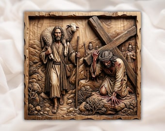 Jesus Carrying Cross 3D Relief STL | Good Shepherd Christian CNC Router Wood Carving Panel | Bible Scene Bas-Relief | Christian Wall Art