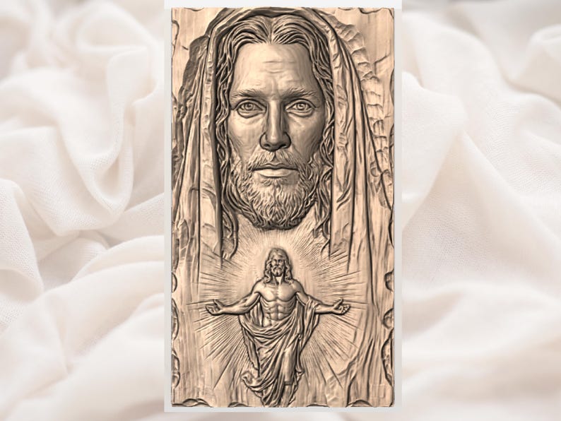 May include: A detailed wood carving depicting a religious figure. The carving features a large face at the top and a full body figure below, both with detailed facial features and flowing hair. The carving is in shades of brown.