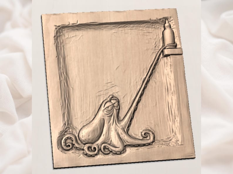 May include: A wooden relief carving featuring an octopus and a bottle. The octopus is positioned at the bottom, with its tentacles curling. A bottle is at the top, connected to the octopus by a long, thin line. The carving is in a rectangular frame.