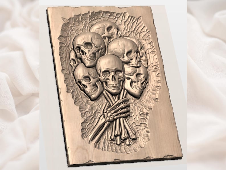 May include: A detailed, relief carving of a bouquet of skulls and skeletal hands. The artwork is rendered in a warm, earthy tone, with the skulls clustered together and the skeletal hands holding the bouquet. The background is a textured, rectangular shape.