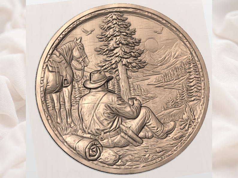 May include: A detailed relief carving in a circular shape depicts a cowboy resting by a campfire, with a horse and scenic mountain landscape in the background. The artwork is in shades of brown and tan.