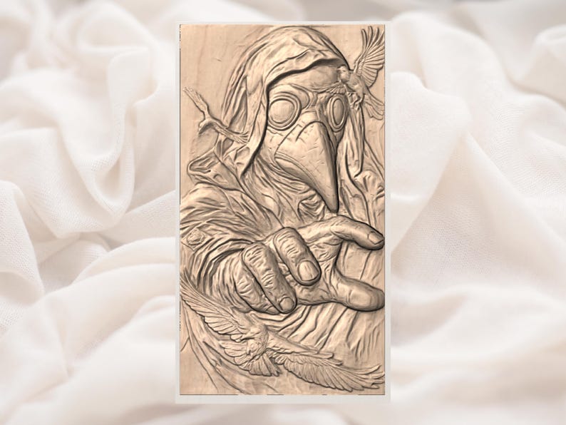 May include: A detailed wood carving depicts a figure in a plague doctor mask and hooded robe, with a hand outstretched. Birds are carved around the figure, adding to the artwork's intricate design. The carving is set against a neutral background.