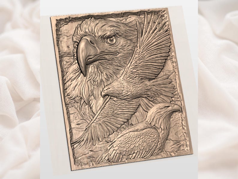 May include: A detailed relief carving of three eagles in flight. The central eagle is depicted head-on, with two others in mid-flight. The artwork is rendered in shades of brown, showcasing intricate feather details and a textured background.