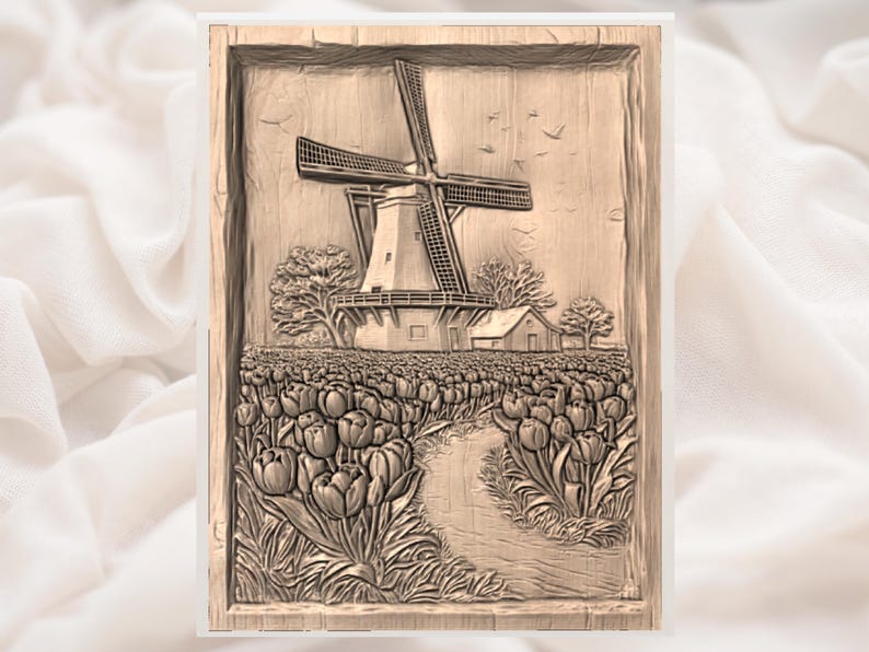 May include: A wooden relief carving depicting a Dutch windmill, a small house, and a field of tulips. The artwork is framed and features a path leading through the tulip field. The carving is in shades of brown and beige.