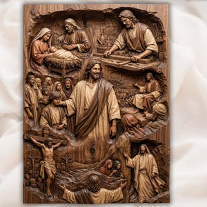 Puede incluir: Una detallada talla de madera que representa varias escenas de la vida de Jesús. La obra de arte presenta múltiples figuras y escenas, incluyendo a Jesús con niños, la crucifixión y otros eventos bíblicos. La talla es en tonos marrones y beige.