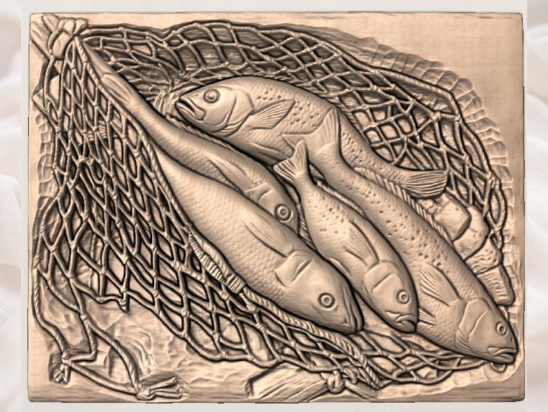 Fisch im Netz 3D Relief STL| Forelle Lachse fangen Holzschnitzerei | Cabochon Kunst |Fischernetz Fangen STL | Fischernte Wandrelief Bild 3