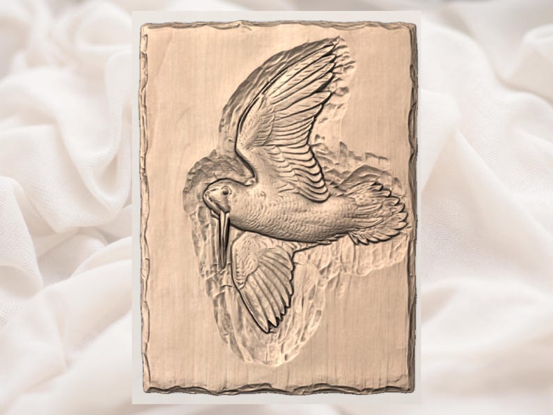 May include: A detailed relief carving of a bird in flight, set against a rectangular, textured background. The bird's wings are outstretched, showcasing intricate feather details. The artwork is in shades of brown, creating a natural, earthy aesthetic.