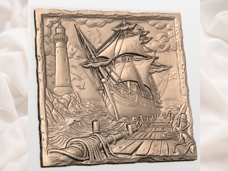 May include: A detailed relief carving depicts a tall ship sailing past a lighthouse. The artwork features a wooden pier, waves, and clouds, all rendered in shades of brown. The scene evokes a nautical theme.