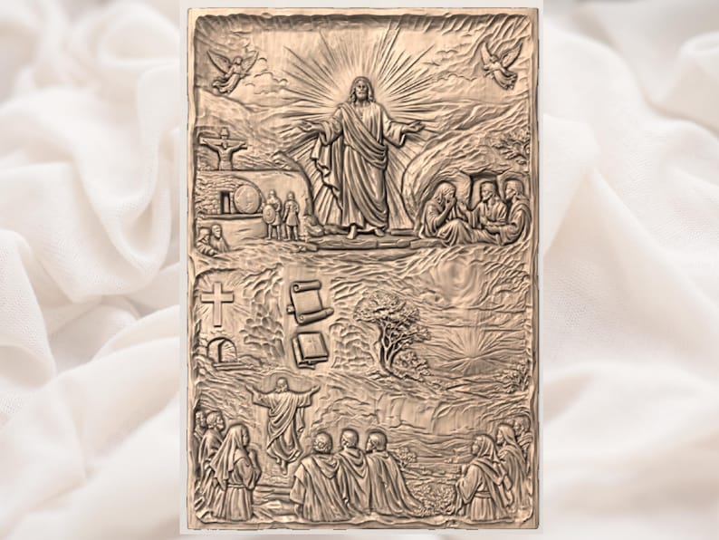 May include: A bronze-colored relief sculpture depicting a religious scene. The central figure is a man with outstretched arms, surrounded by a radiant light. Other figures and symbols, including angels, a cross, and scrolls, are also present.