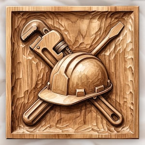 Può includere: Una targa quadrata in legno con un intaglio in rilievo di un casco protettivo posizionato davanti a una chiave giratubi e un cacciavite a punta piatta incrociati. L'intera composizione è realizzata in legno marrone chiaro con segni di scalpello.