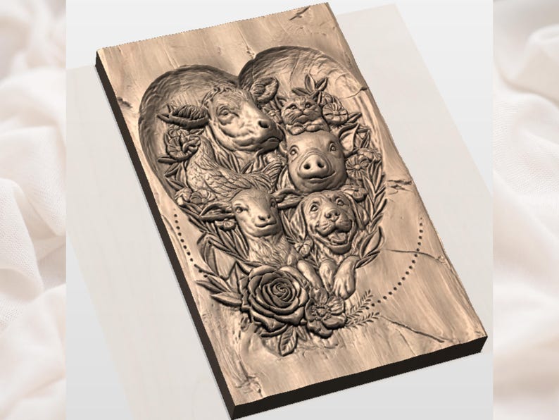 May include: A wooden plaque featuring a heart-shaped relief carving of farm animals, including a cow, cat, pig, sheep, and dog, surrounded by floral elements. The relief is in shades of brown and tan, with detailed textures.