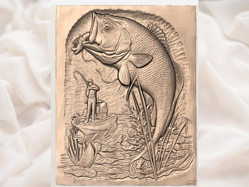 May include: A detailed wood carving depicts a largemouth bass leaping from the water, mouth open, with a fisherman in a boat below. The carving is in a rectangular frame, showcasing a fishing scene with aquatic plants.