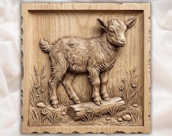Baby Goat Kid on Log CNC Relief STL | Farmhouse Animal Wall Art | Rustic Nursery Wood Carving Design | Rustic home decor