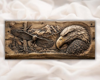 Flygande amerikansk vithövdad örn 3D-relief STL | Bergsdjursscen CNC-fräsfil | Patriotisk väggkonstpanel | Veterans Day Eagle-gåva
