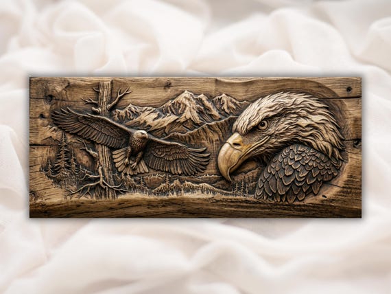 Bald Eagle Mountain STL Relief | Flying Eagle 3D Carving File for CNC Router | Wildlife Cabin Lodge Wall Art Panel | Home Decor