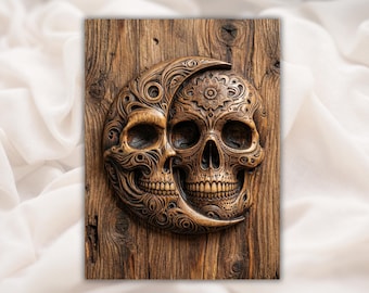Sun & Moon Skull 3D Relief STL | Ornate Gothic Day of the Dead Wood Grain Carving Panel | CNC Router, 3D Print, Laser Engrave | Home Decor