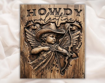 Howdy Valentine Cupid Cowboy 3D Relief STL | CNC Router Carving | Western Valentine Sign Angel Archer Aspire, VCarve Pro, Carveco, ArtCAM