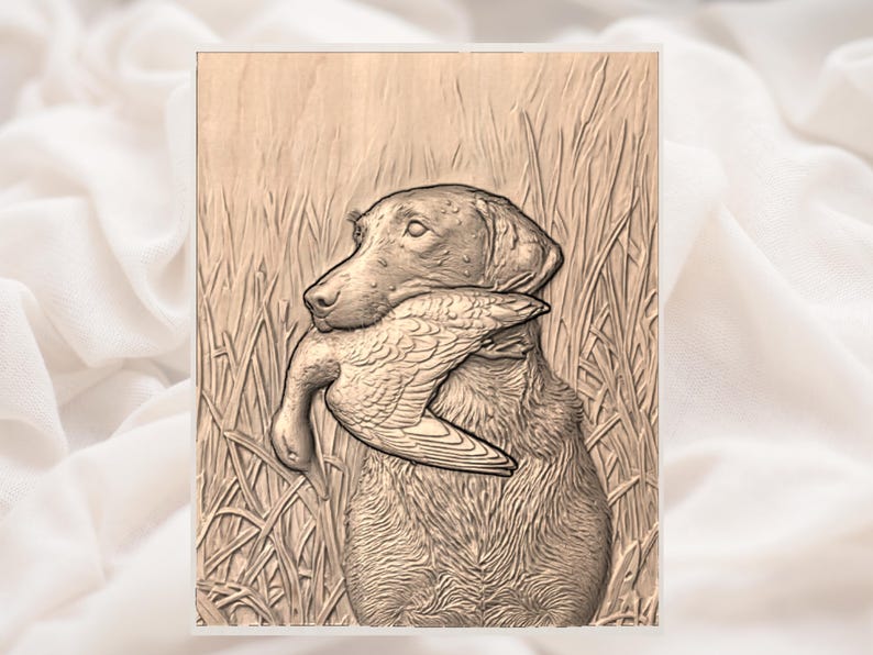 May include: A wooden carving of a Labrador Retriever holding a duck in its mouth. The dog is depicted in a field of tall grass, with detailed textures and a natural color palette. The artwork is mounted on a wooden panel.
