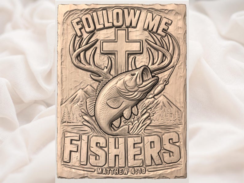 May include: A rectangular, brown wooden plaque with the words "FOLLOW ME FISHERS" and "MATTHEW 4:19" carved into it. A cross, fish, and antlers are also carved into the plaque. The plaque has a rustic, outdoorsy theme.