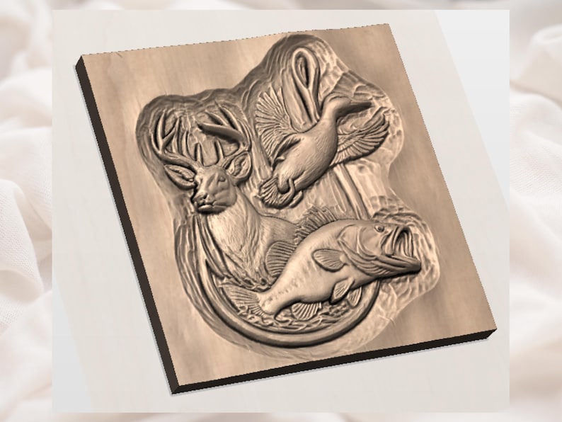 May include: A wooden relief carving featuring a deer, a duck in flight, and a fish. The detailed artwork is in shades of brown and tan, mounted on a rectangular wooden base. The carving showcases wildlife.