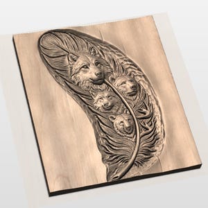 Wolf Family Feather Relief STL  CNC Router 3D Carving Model  Wildlife Spirit Animal Wood Grain Bas Relief Panel  Rustic Cabin Wall Art Decor view 2