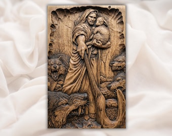 Good Shepherd Relief STL | CNC Router 3D Carving Model | Shepherd with Lamb & Wolves Wood Grain Relief Panel | Christian Biblical Wall Art