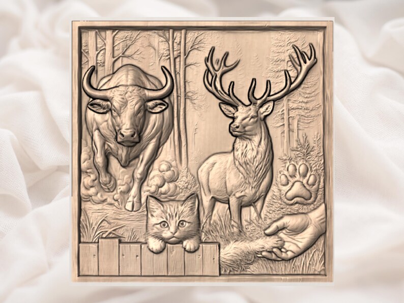 May include: A detailed relief carving in a warm, neutral tone. The artwork depicts a bull, a deer with large antlers, a cat peering over a fence, a paw print, and a hand. The background includes trees, suggesting a woodland scene. The overall theme is nature and wildlife.