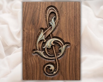Ornate Musical Treble Clef CNC Relief STL | Music Studio Wall Art | Baroque Filigree Wood Carving Design
