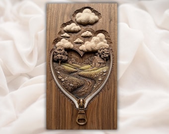 Serce z suwakiem, krajobraz, płaskorzeźba 3D, STL | Panel rzeźbiarski z drewna, iluzja natury 3D | Scena z suwakiem, serce, STL | Tabliczka ścienna z rzeką Cottage Valley
