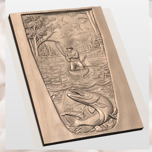Fisherman & Giant Pike 3D Relief STL view 3