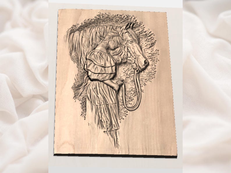 May include: A wooden relief carving depicts a person embracing a horse. The artwork features detailed lines and shading, creating a three-dimensional effect. The person is wearing a dress, and the horse has a bridle. The background includes foliage.