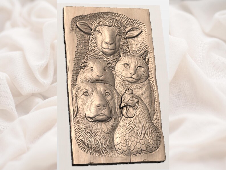 May include: A rectangular wooden carving depicting a sheep, guinea pig, cat, dog, and chicken. The animals are finely carved with detailed fur and feathers. The carving is in shades of brown and beige, with a rustic, textured appearance.