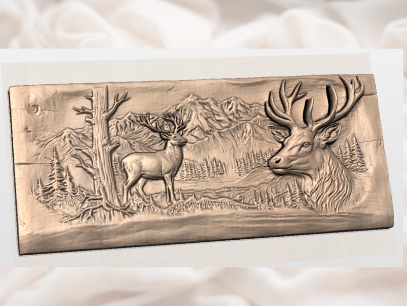 Hjort Basrelief STL | Väggkonst i fjällstuga CNC | Panel med jaktstugadjur | Rustik skogsscen | Handsnidad trätexturdekor bild 2