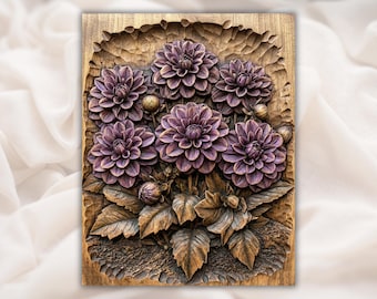 Dahlia Flowers 3D Relief STL for CNC Router | Floral Wood Carving Panel | Botanical Wall Art | 3D Print