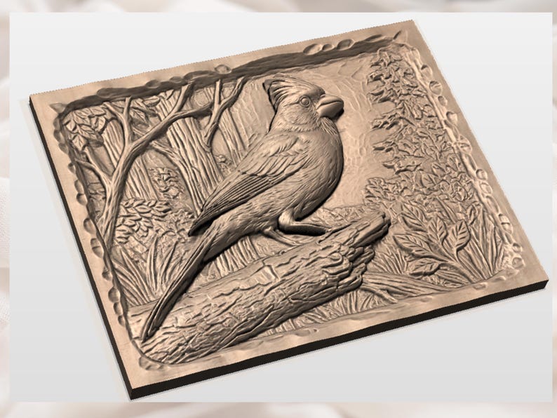 May include: A detailed, three-dimensional relief carving of a cardinal bird perched on a log, set within a square frame. The artwork features a naturalistic depiction of the bird and its environment, with trees and foliage.