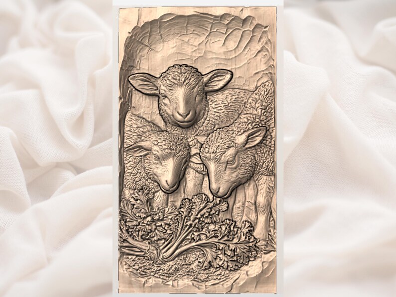 May include: A rectangular, wooden relief carving featuring three lambs. The lambs are depicted in a detailed, textured style, with their heads clustered together. Below the lambs is a carved depiction of leafy foliage. The carving is in shades of brown.