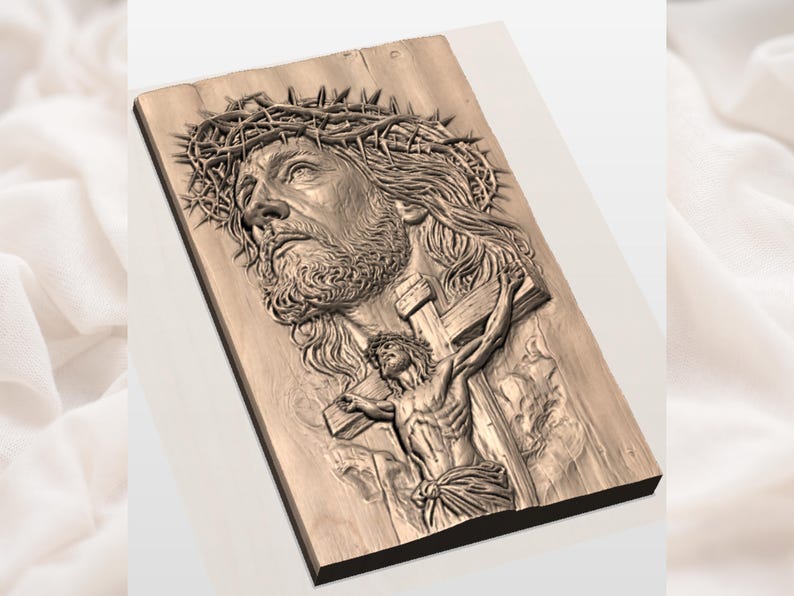 May include: A detailed wooden carving depicting Jesus Christ. The carving shows a portrait of Jesus wearing a crown of thorns, and a depiction of the crucifixion. The artwork is in shades of brown and tan, with intricate details.