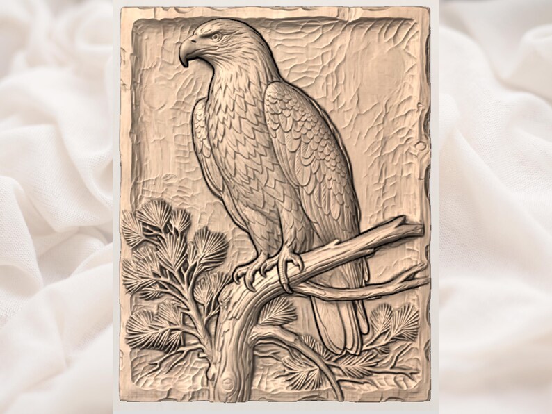 May include: A detailed relief carving of an eagle perched on a tree branch. The artwork is rendered in shades of brown, showcasing the bird's feathers and the texture of the wood. The eagle is the focal point, with a detailed depiction of its head and talons.