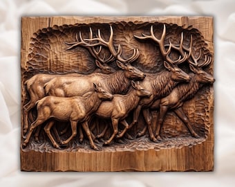 エルクの群れのレリーフ（STL）｜野生動物の壁掛けアート｜素朴なキャビンロッジの装飾｜山林の鹿のパネル｜手彫りの木目調