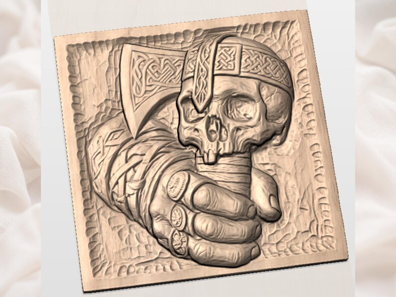 Crânio de Guerreiro Nórdico em STL | Design CNC em Relevo de Machado Viking | Arquivo para Escultura em Madeira de Capacete com Nó Celta | Placa de Parede Gótica Nórdica | Crânio com Nó Celta imagem 2