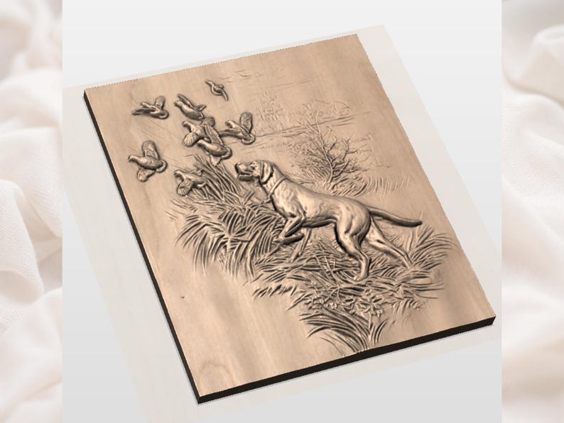 May include: A wooden relief carving depicting a dog chasing birds in a field. The dog is in mid-stride, with detailed fur and muscular definition. Birds are carved in flight above the dog. The artwork is set against a natural wood background.